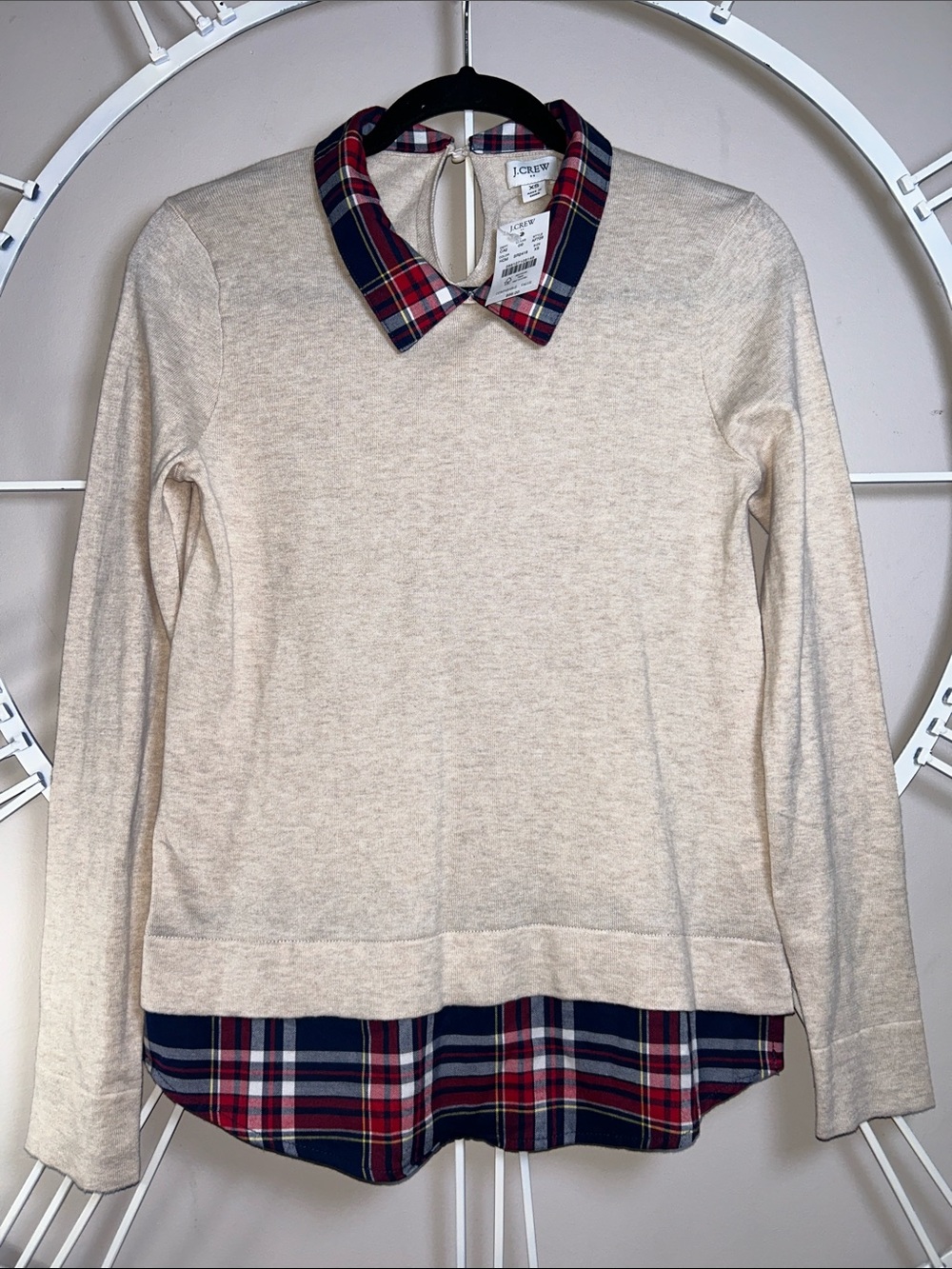 NWT J. Crew Cream Knit Sweater with Red & Navy Plaid Collar